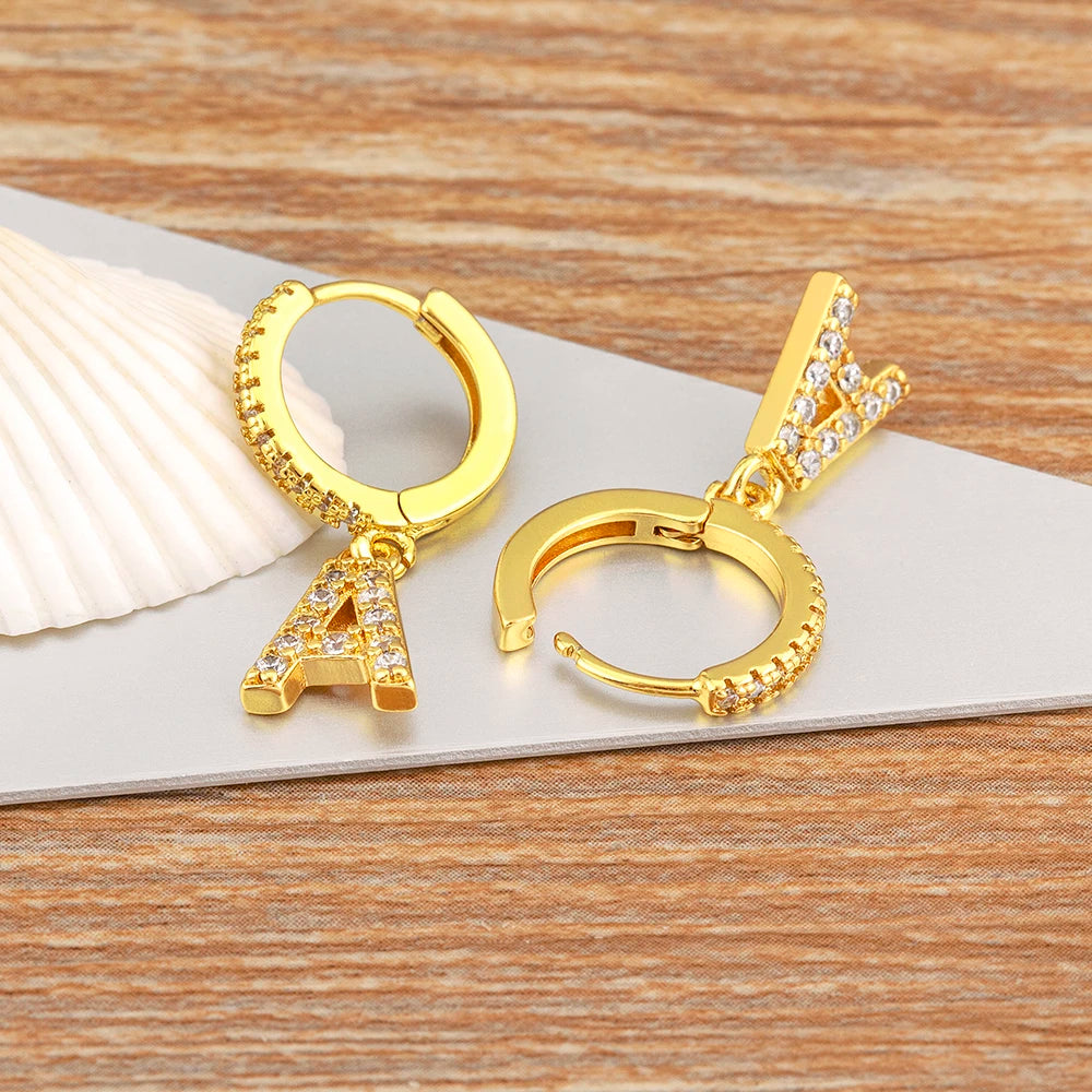 Nidin Hot Sale Initial A-Z Letters Mini Small Hoop Earrings Gold Color Zircon Jewelry Alphabet Fashion Christmas New Year Gift