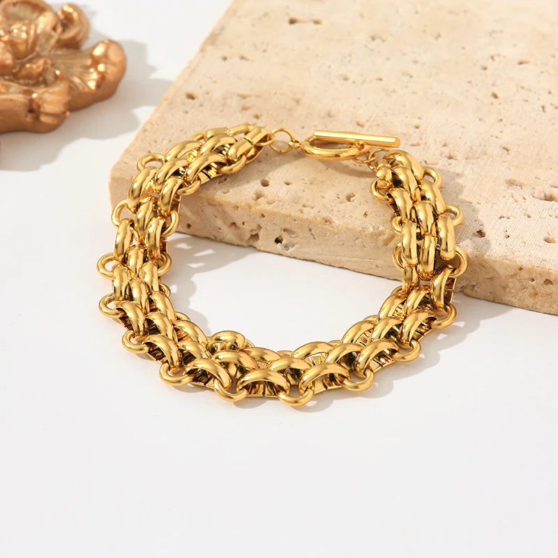 GANEMLY 2024 New Fashion Stainless Steel Metal Cuban Chain Necklace Bracelet Set For Women Elegant Gold Color Waterproof Jewelry