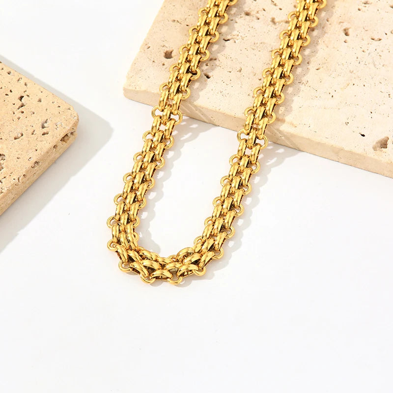 GANEMLY 2024 New Fashion Stainless Steel Metal Cuban Chain Necklace Bracelet Set For Women Elegant Gold Color Waterproof Jewelry