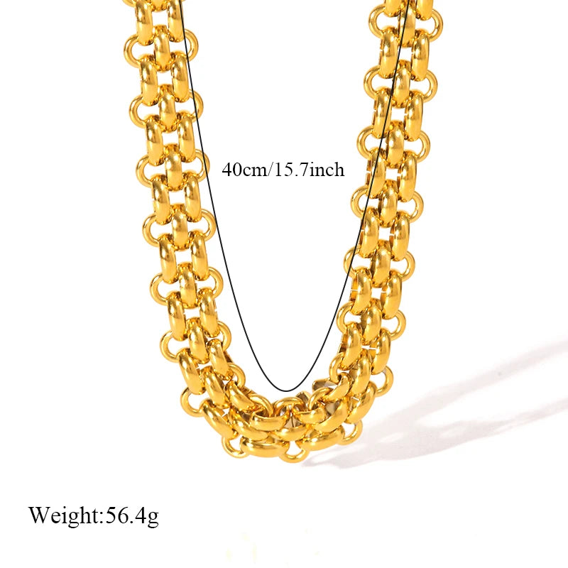 GANEMLY 2024 New Fashion Stainless Steel Metal Cuban Chain Necklace Bracelet Set For Women Elegant Gold Color Waterproof Jewelry
