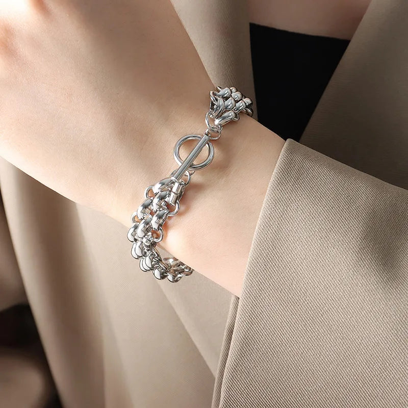 GANEMLY 2024 New Fashion Stainless Steel Metal Cuban Chain Necklace Bracelet Set For Women Elegant Gold Color Waterproof Jewelry