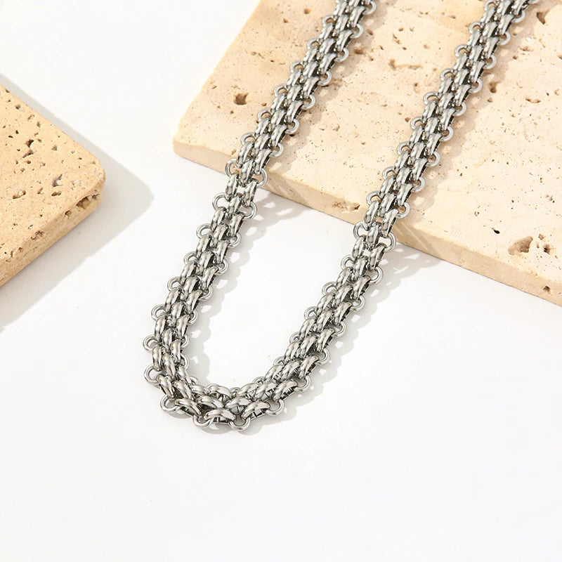 GANEMLY 2024 New Fashion Stainless Steel Metal Cuban Chain Necklace Bracelet Set For Women Elegant Gold Color Waterproof Jewelry