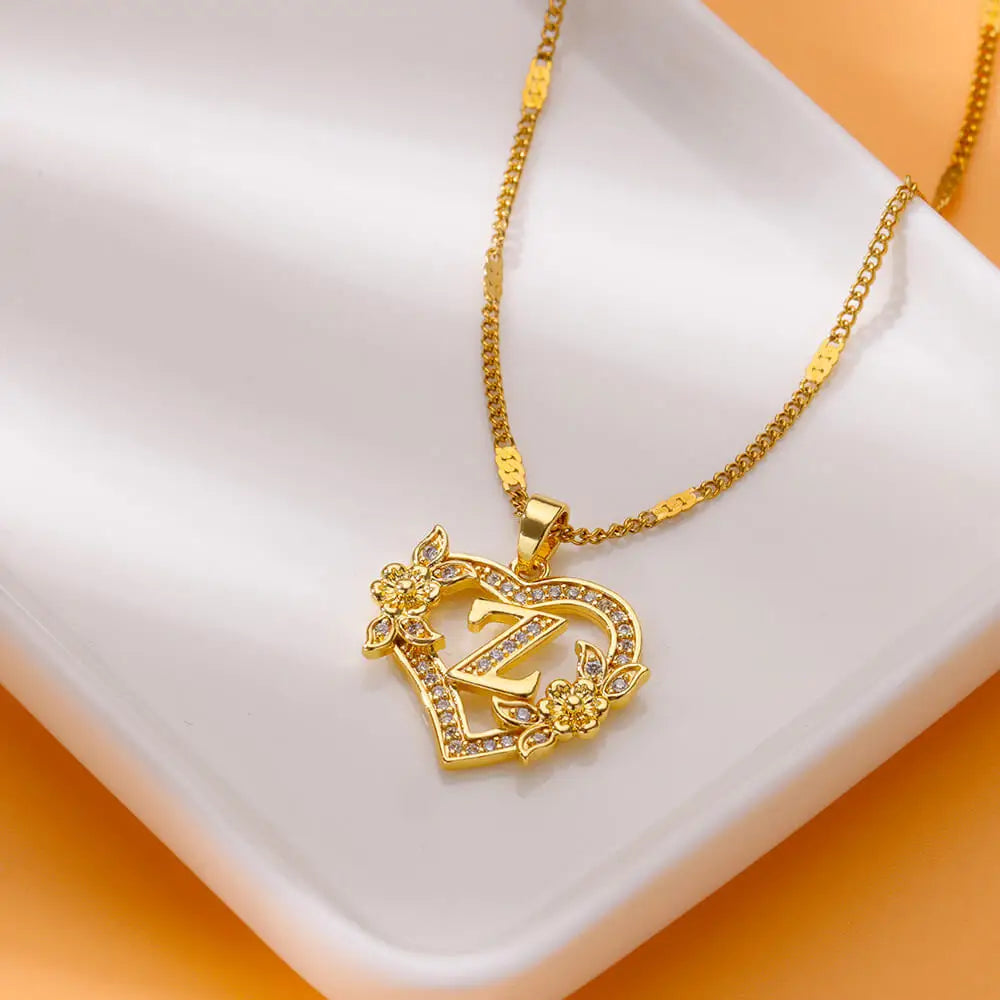 Zircon Flower Initials Necklaces For Women Stainless Steel Heart Gold Color Letter Chain Collar 2025 New Trend Wedding Jewelry