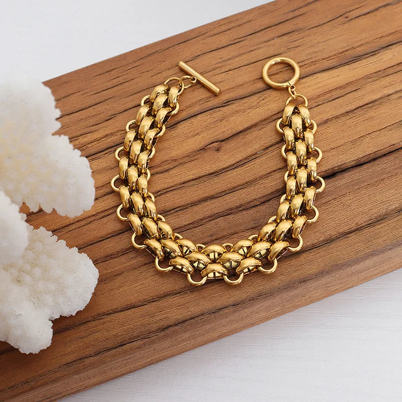 GANEMLY 2024 New Fashion Stainless Steel Metal Cuban Chain Necklace Bracelet Set For Women Elegant Gold Color Waterproof Jewelry
