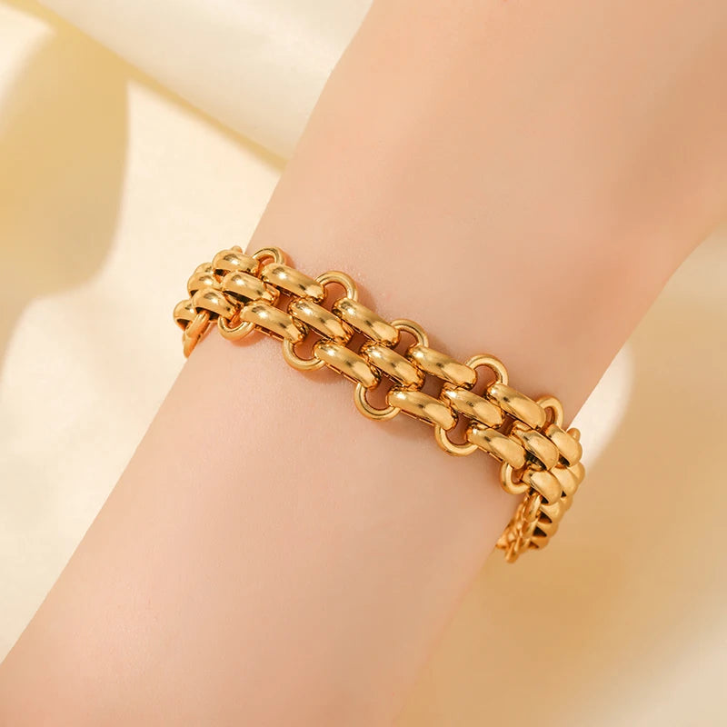 GANEMLY 2024 New Fashion Stainless Steel Metal Cuban Chain Necklace Bracelet Set For Women Elegant Gold Color Waterproof Jewelry