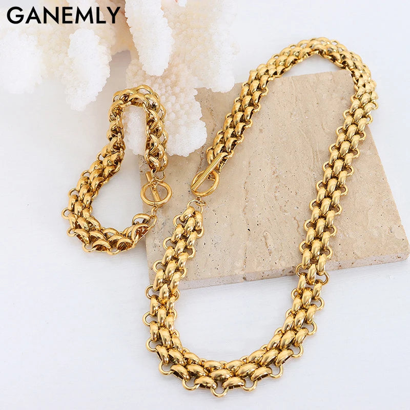 GANEMLY 2024 New Fashion Stainless Steel Metal Cuban Chain Necklace Bracelet Set For Women Elegant Gold Color Waterproof Jewelry