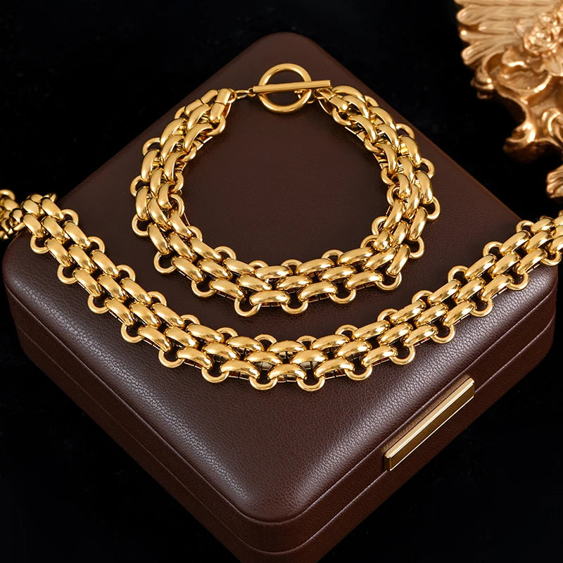 GANEMLY 2024 New Fashion Stainless Steel Metal Cuban Chain Necklace Bracelet Set For Women Elegant Gold Color Waterproof Jewelry