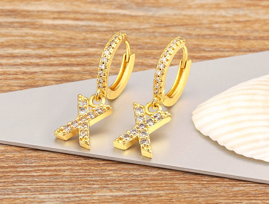 Nidin Hot Sale Initial A-Z Letters Mini Small Hoop Earrings Gold Color Zircon Jewelry Alphabet Fashion Christmas New Year Gift
