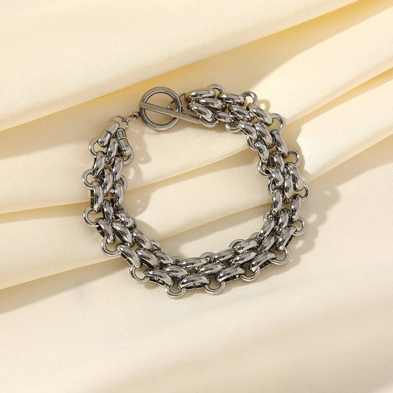 GANEMLY 2024 New Fashion Stainless Steel Metal Cuban Chain Necklace Bracelet Set For Women Elegant Gold Color Waterproof Jewelry