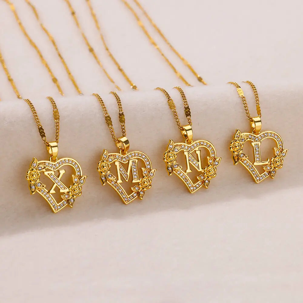 Zircon Flower Initials Necklaces For Women Stainless Steel Heart Gold Color Letter Chain Collar 2025 New Trend Wedding Jewelry