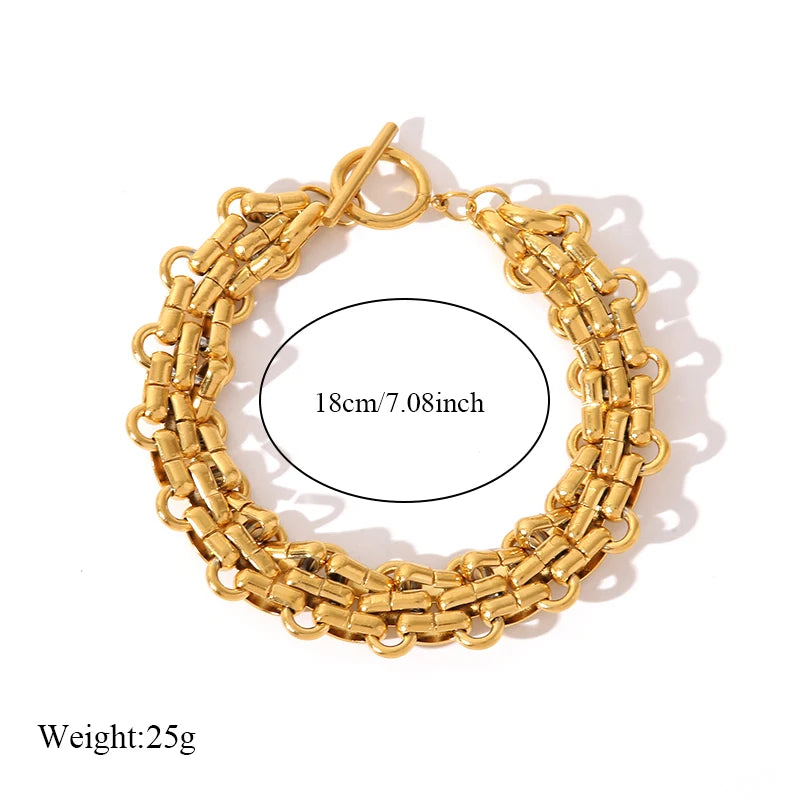 GANEMLY 2024 New Fashion Stainless Steel Metal Cuban Chain Necklace Bracelet Set For Women Elegant Gold Color Waterproof Jewelry