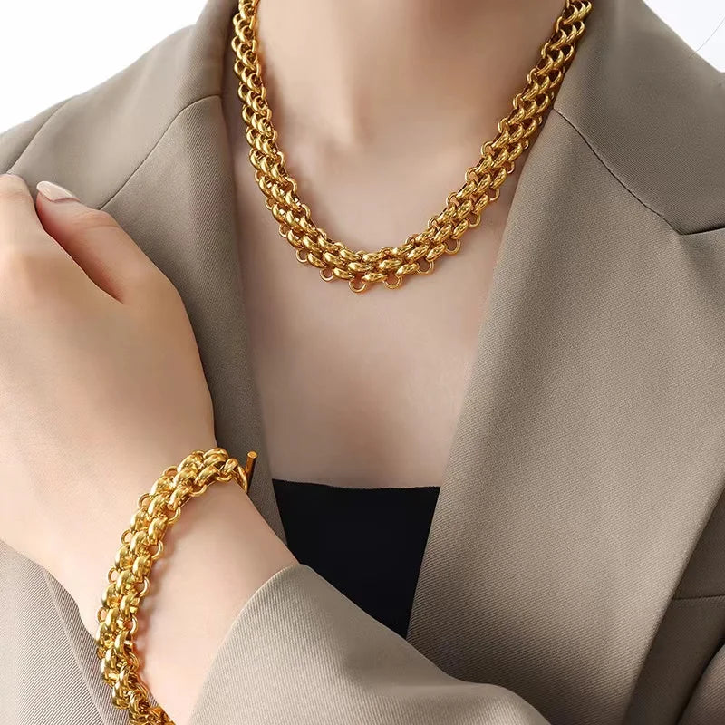 GANEMLY 2024 New Fashion Stainless Steel Metal Cuban Chain Necklace Bracelet Set For Women Elegant Gold Color Waterproof Jewelry