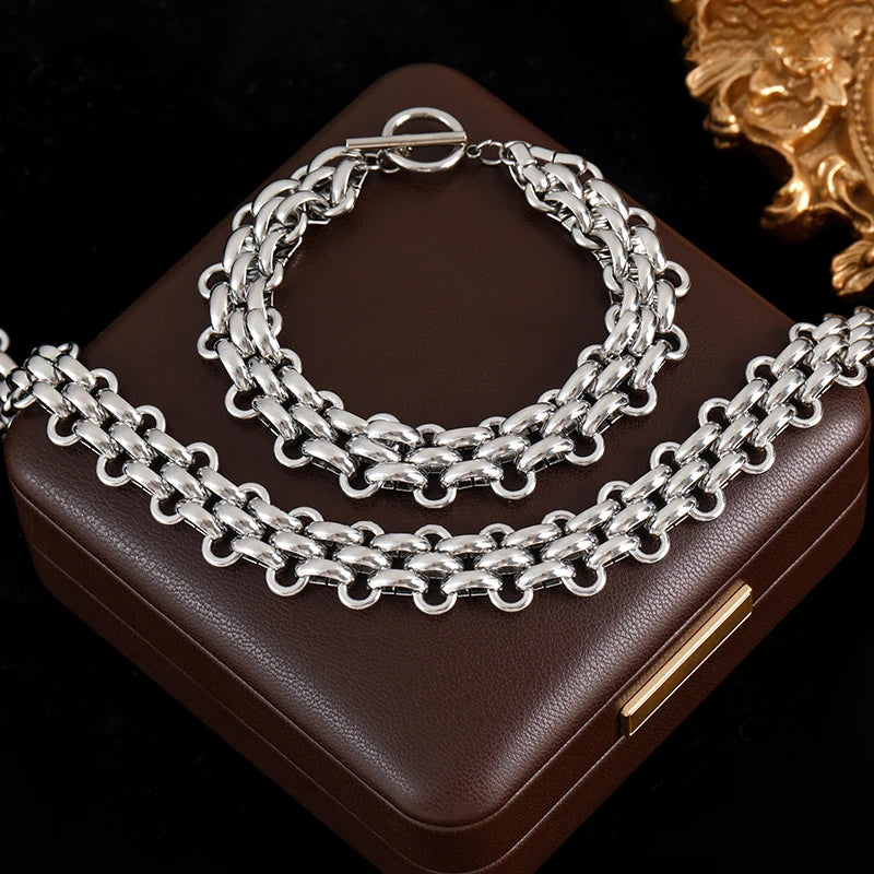 GANEMLY 2024 New Fashion Stainless Steel Metal Cuban Chain Necklace Bracelet Set For Women Elegant Gold Color Waterproof Jewelry