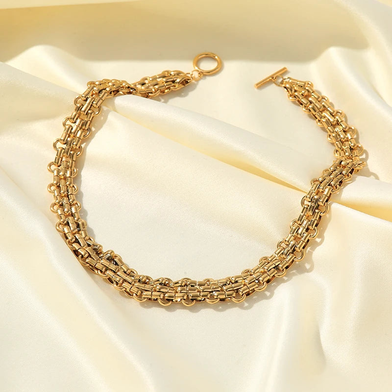 GANEMLY 2024 New Fashion Stainless Steel Metal Cuban Chain Necklace Bracelet Set For Women Elegant Gold Color Waterproof Jewelry