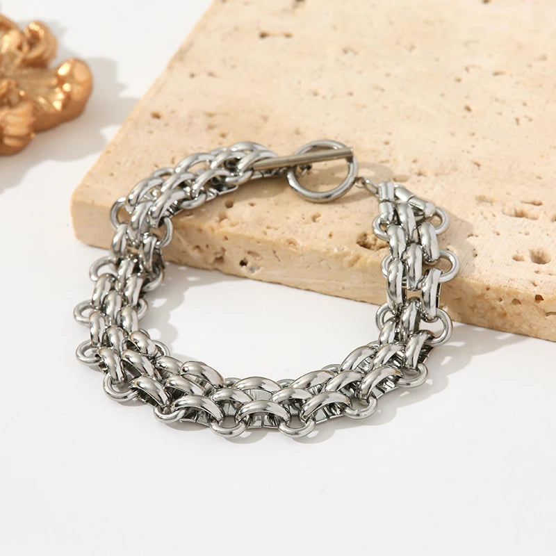 GANEMLY 2024 New Fashion Stainless Steel Metal Cuban Chain Necklace Bracelet Set For Women Elegant Gold Color Waterproof Jewelry