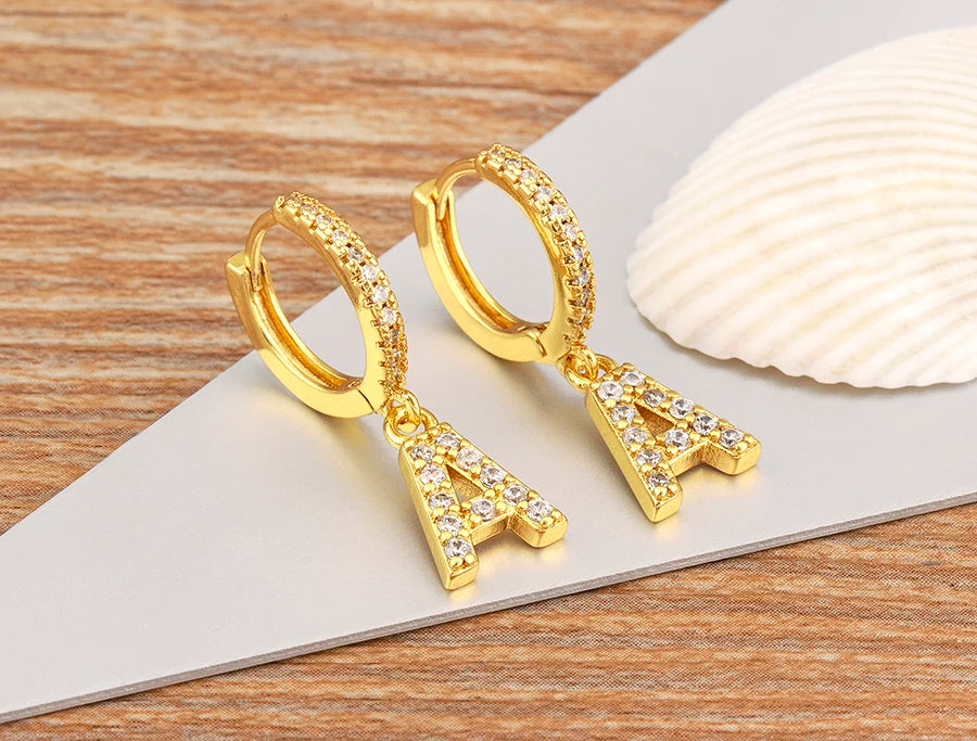 Nidin Hot Sale Initial A-Z Letters Mini Small Hoop Earrings Gold Color Zircon Jewelry Alphabet Fashion Christmas New Year Gift