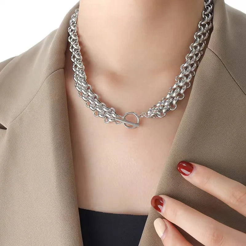 GANEMLY 2024 New Fashion Stainless Steel Metal Cuban Chain Necklace Bracelet Set For Women Elegant Gold Color Waterproof Jewelry