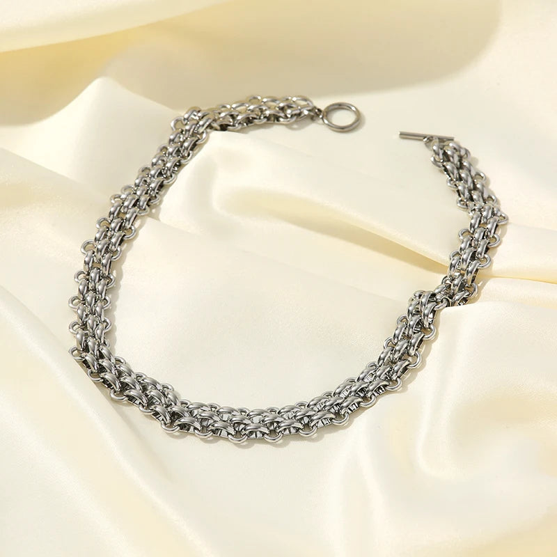 GANEMLY 2024 New Fashion Stainless Steel Metal Cuban Chain Necklace Bracelet Set For Women Elegant Gold Color Waterproof Jewelry