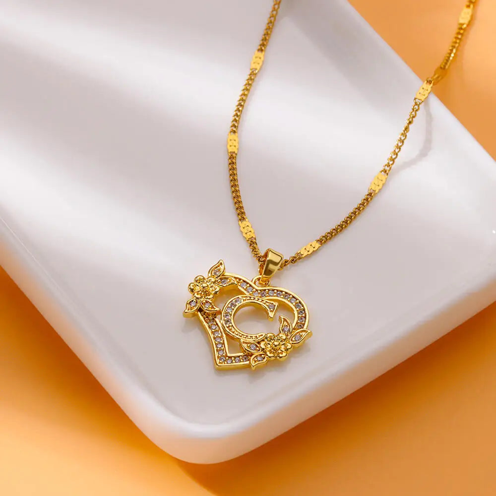 Zircon Flower Initials Necklaces For Women Stainless Steel Heart Gold Color Letter Chain Collar 2025 New Trend Wedding Jewelry