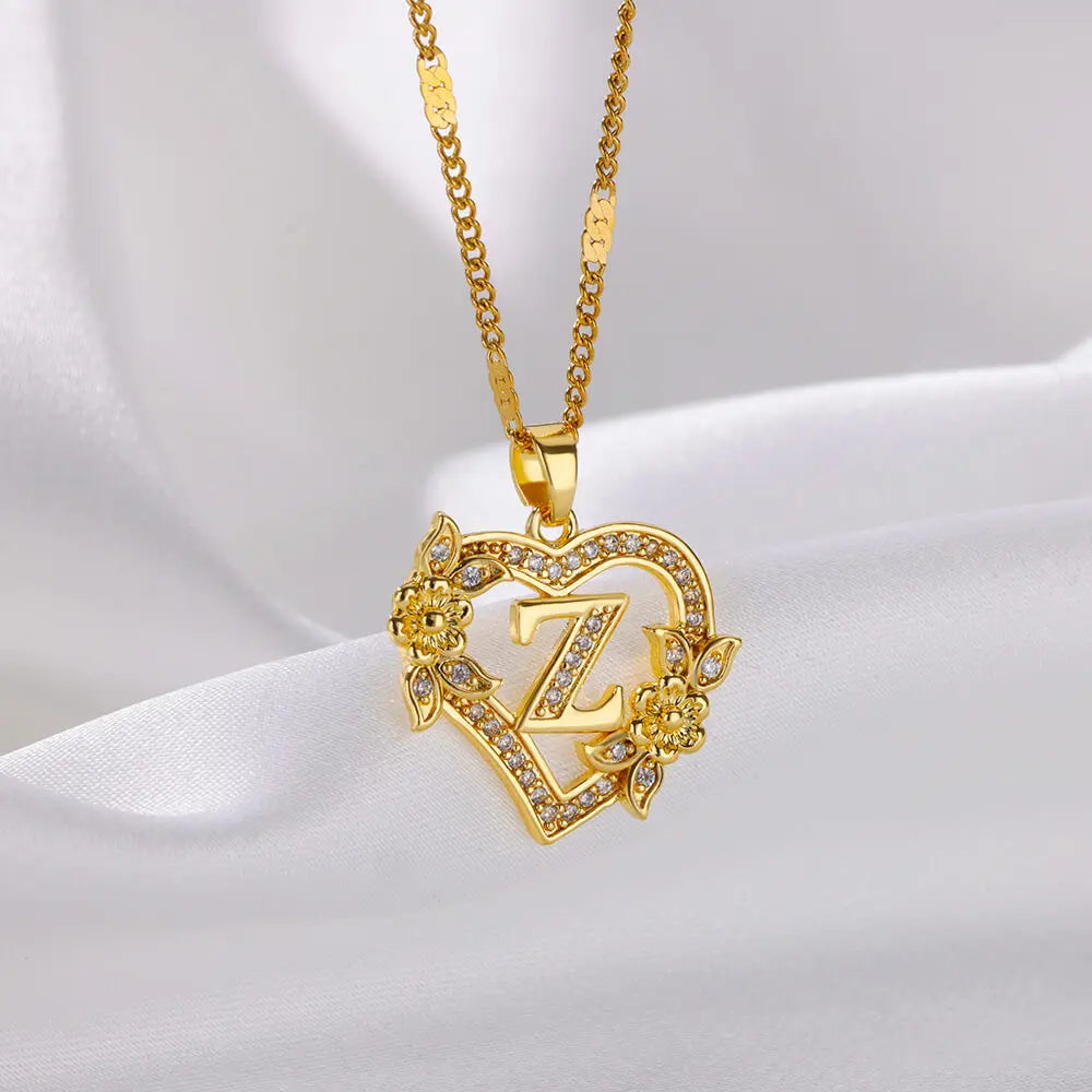Zircon Flower Initials Necklaces For Women Stainless Steel Heart Gold Color Letter Chain Collar 2025 New Trend Wedding Jewelry
