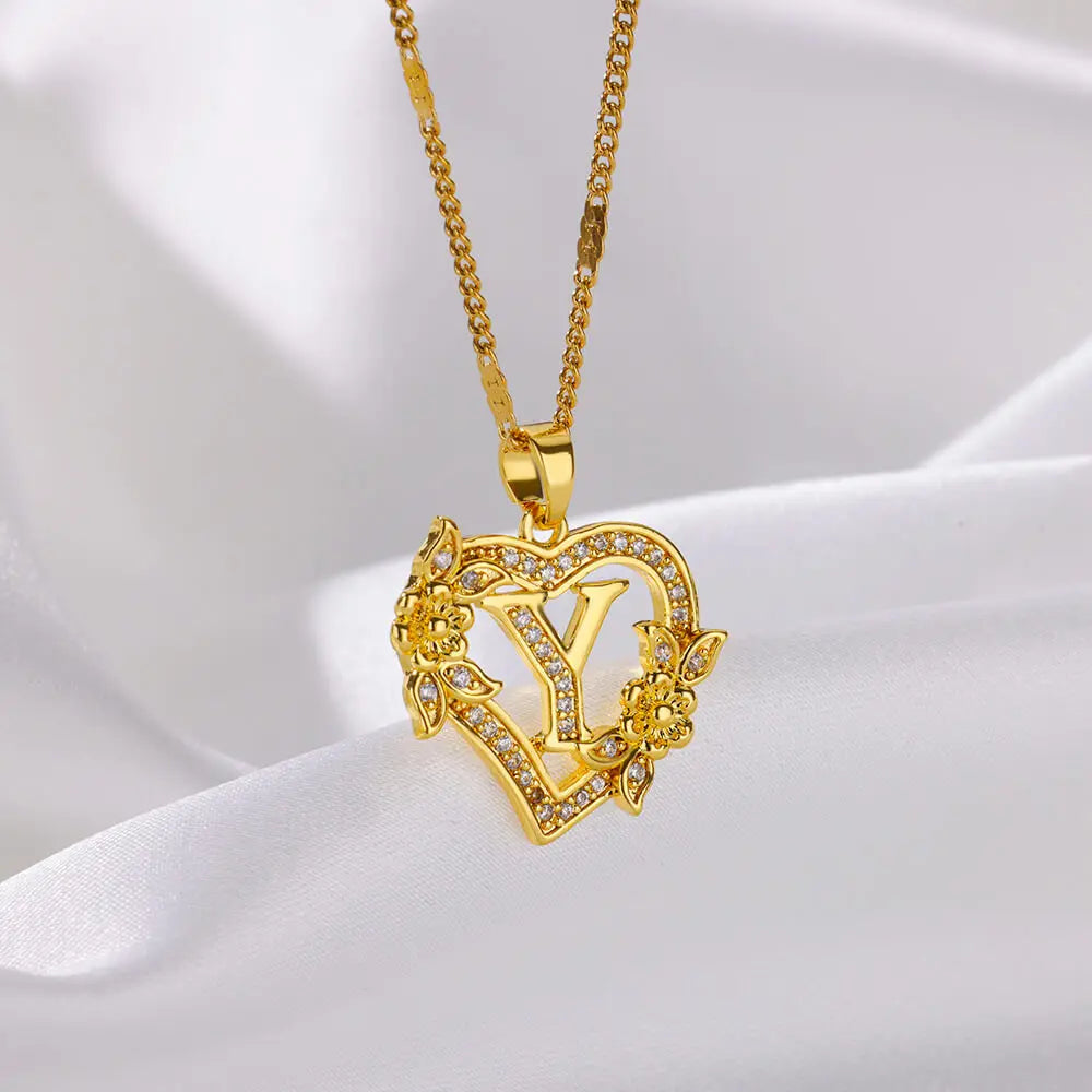 Zircon Flower Initials Necklaces For Women Stainless Steel Heart Gold Color Letter Chain Collar 2025 New Trend Wedding Jewelry