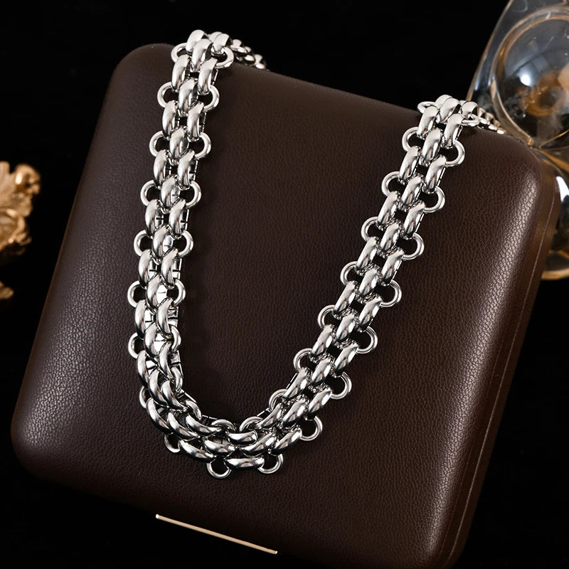 GANEMLY 2024 New Fashion Stainless Steel Metal Cuban Chain Necklace Bracelet Set For Women Elegant Gold Color Waterproof Jewelry