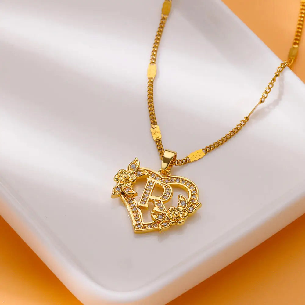 Zircon Flower Initials Necklaces For Women Stainless Steel Heart Gold Color Letter Chain Collar 2025 New Trend Wedding Jewelry