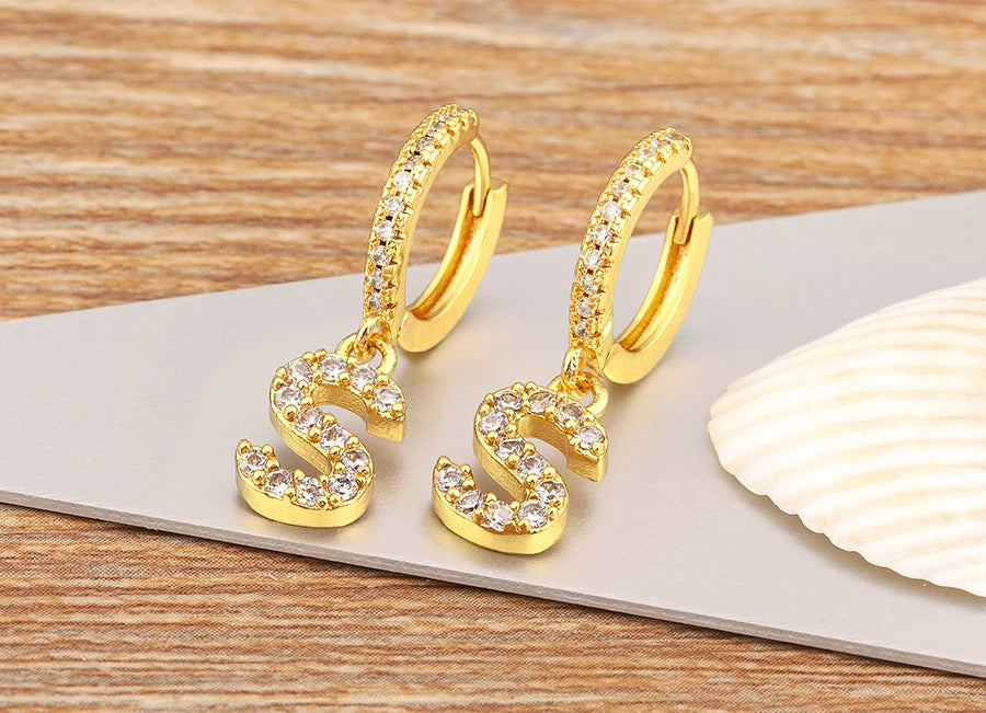 Nidin Hot Sale Initial A-Z Letters Mini Small Hoop Earrings Gold Color Zircon Jewelry Alphabet Fashion Christmas New Year Gift