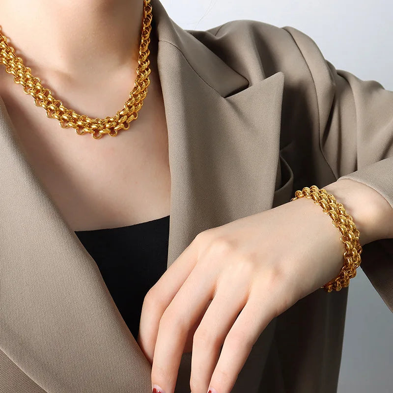 GANEMLY 2024 New Fashion Stainless Steel Metal Cuban Chain Necklace Bracelet Set For Women Elegant Gold Color Waterproof Jewelry