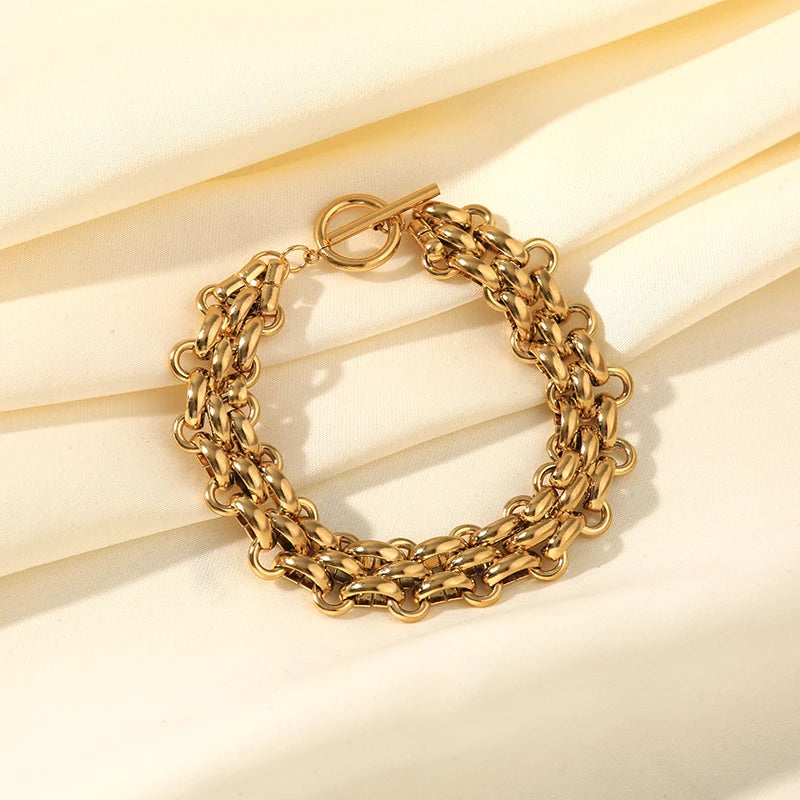 GANEMLY 2024 New Fashion Stainless Steel Metal Cuban Chain Necklace Bracelet Set For Women Elegant Gold Color Waterproof Jewelry